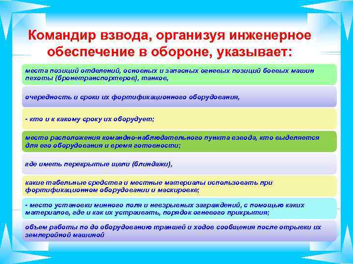 Командир взвода, организуя инженерное обеспечение в обороне, указывает: места позиций отделений, основных и запасных