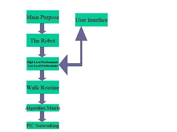 Main Purpose The Robot High Level Performance Low Level Performance Walk Routine Algorithm Matrix