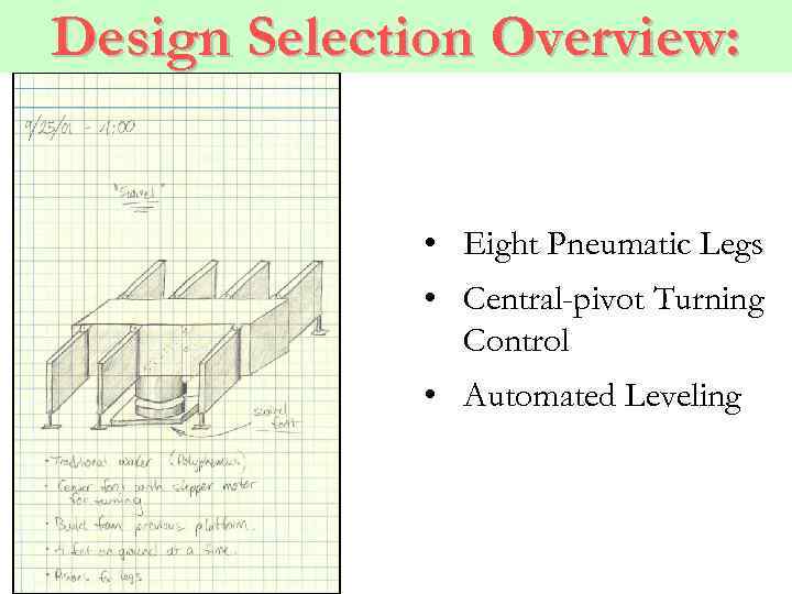 Design Selection Overview: • Eight Pneumatic Legs • Central-pivot Turning Control • Automated Leveling