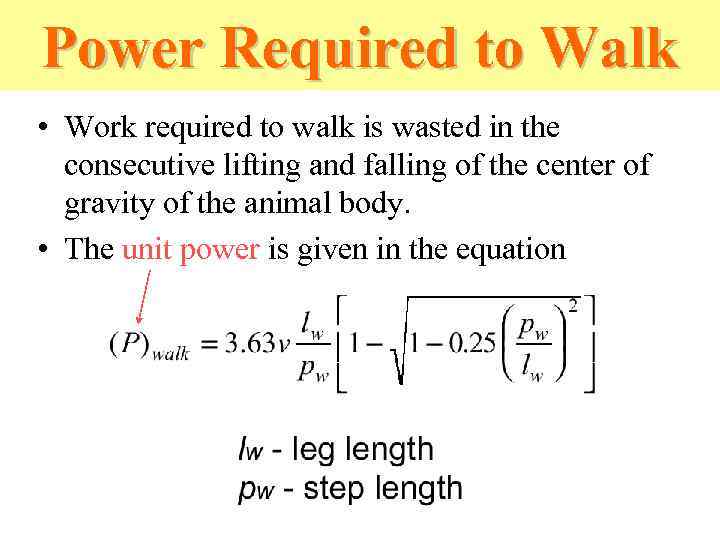 Power Required to Walk • Work required to walk is wasted in the consecutive