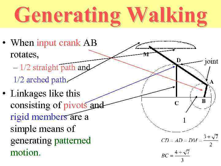 Generating Walking • When input crank AB rotates, joint – 1/2 straight path and