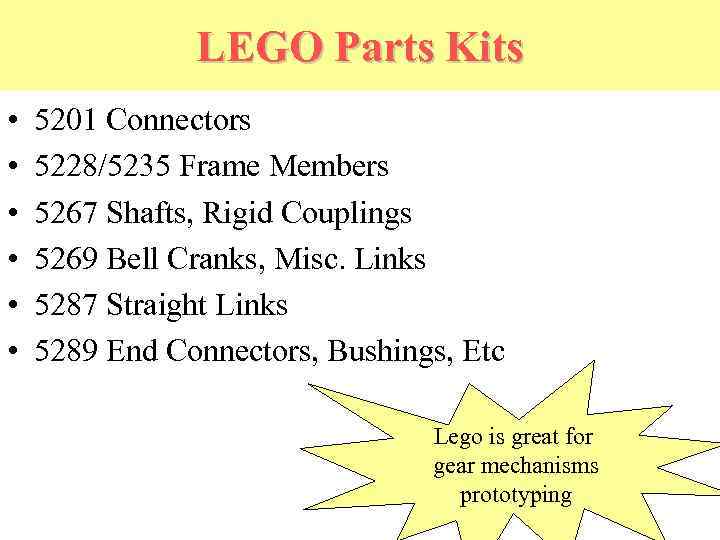 LEGO Parts Kits • • • 5201 Connectors 5228/5235 Frame Members 5267 Shafts, Rigid