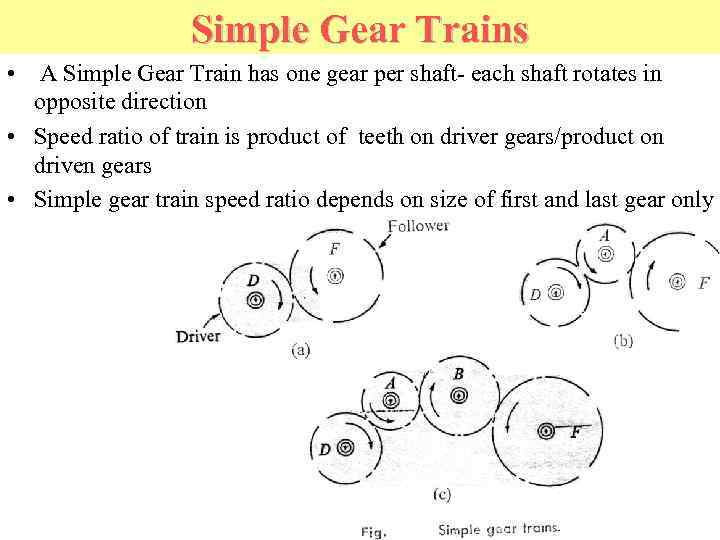 Simple Gear Trains • A Simple Gear Train has one gear per shaft- each