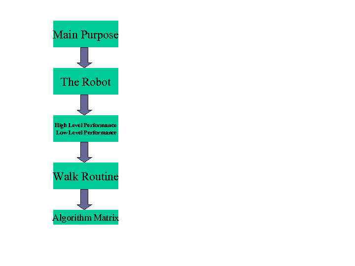 Main Purpose The Robot High Level Performance Low Level Performance Walk Routine Algorithm Matrix