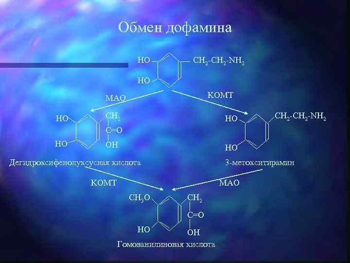 Обмен дофамина HO CH 2 -NH 2 HO KOMT MAO HO CH 2 -CH