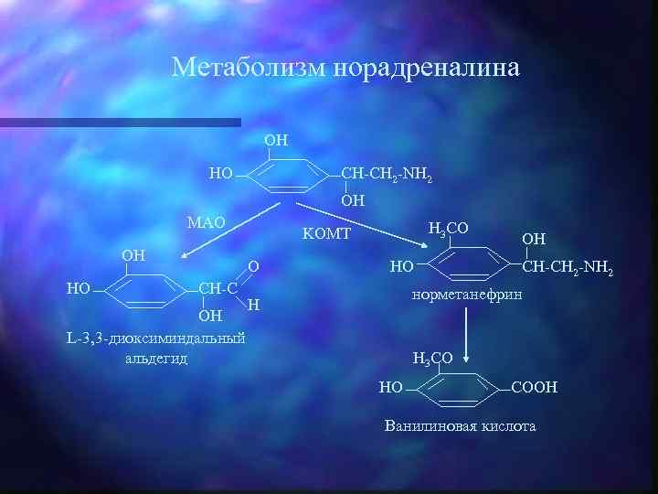 Метаболизм норадреналина OH HO CH-CH 2 -NH 2 OH МАО OH HO O CH-C