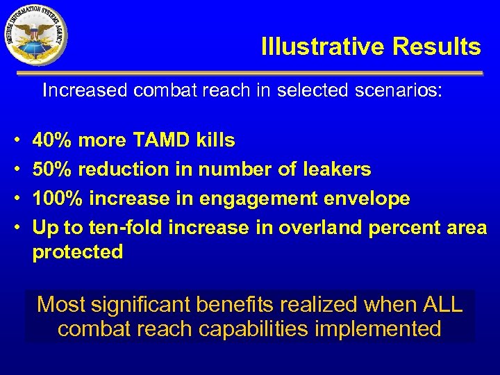 Illustrative Results Increased combat reach in selected scenarios: • • 40% more TAMD kills