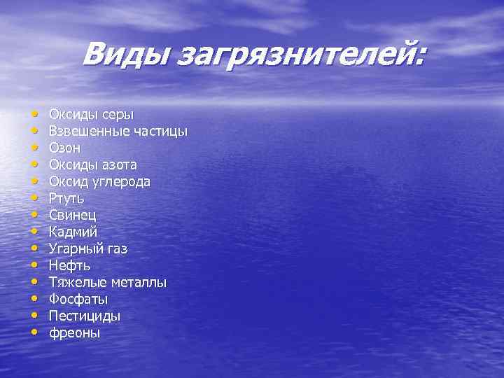 Виды загрязнителей: • • • • Оксиды серы Взвешенные частицы Озон Оксиды азота Оксид