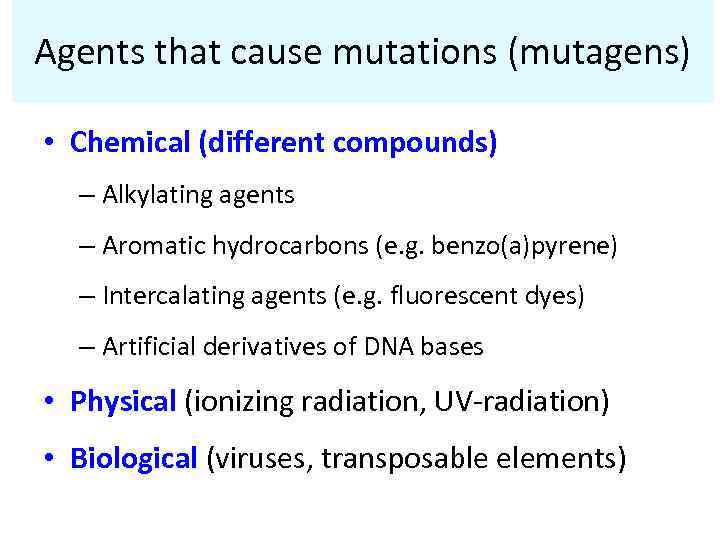 Agents that cause mutations (mutagens) • Chemical (different compounds) – Alkylating agents – Aromatic