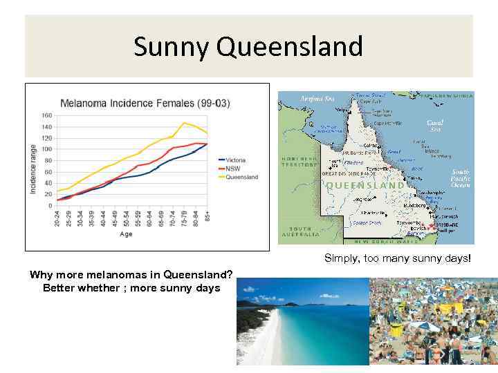 Sunny Queensland Simply, too many sunny days! Why more melanomas in Queensland? Better whether