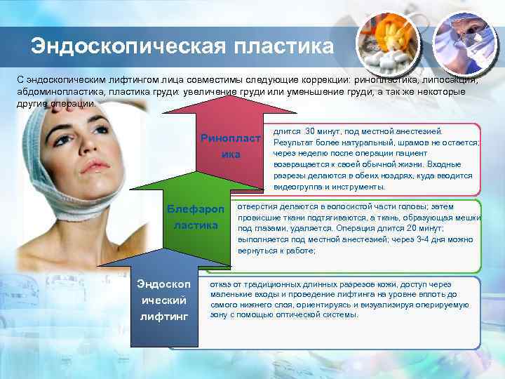 Эндоскопическая пластика С эндоскопическим лифтингом лица совместимы следующие коррекции: ринопластика, липосакция, абдоминопластика, пластика груди: