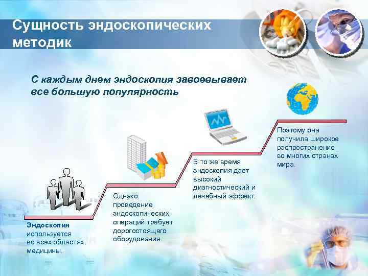 Сущность эндоскопических методик С каждым днем эндоскопия завоевывает все большую популярность Эндоскопия используется во