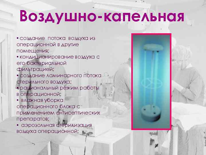 Воздушно-капельная • создание потока воздуха из операционной в другие помещения; • кондиционирование воздуха с