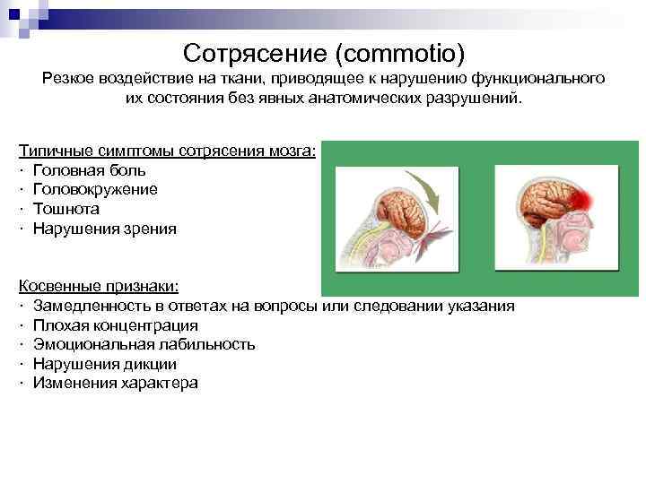 Сотрясение (commotio) Резкое воздействие на ткани, приводящее к нарушению функционального их состояния без явных
