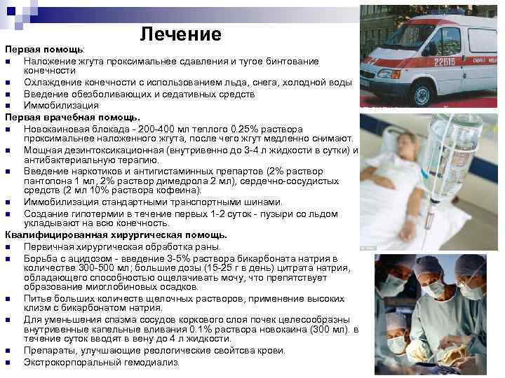 Лечение Первая помощь: n Наложение жгута проксимальнее сдавления и тугое бинтование конечности n Охлаждение