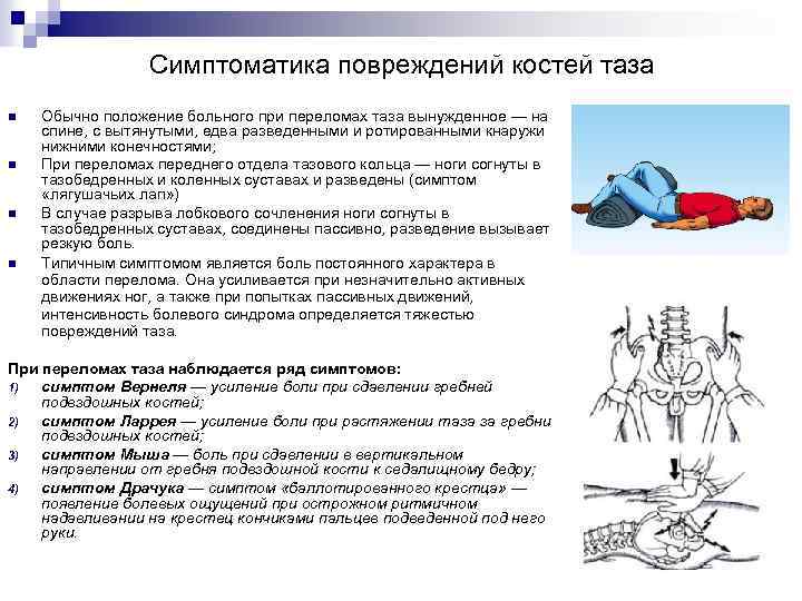 Симптоматика повреждений костей таза n n Обычно положение больного при переломах таза вынужденное —