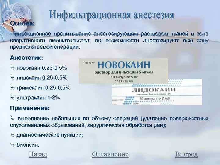 Основа: - инъекционное пропитывание анестезирующим раствором тканей в зоне оперативного вмешательства; по возможности анестезируют