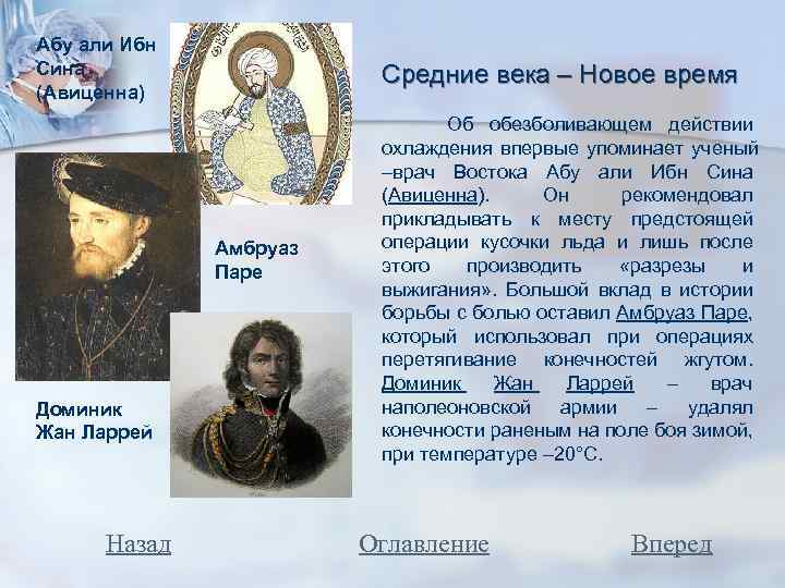 Абу али Ибн Сина (Авиценна) Средние века – Новое время Амбруаз Паре Доминик Жан