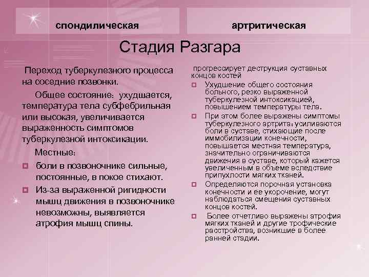 спондилическая артритическая Стадия Разгара Переход туберкулезного процесса на соседние позвонки. Общее состояние: ухудшается, температура