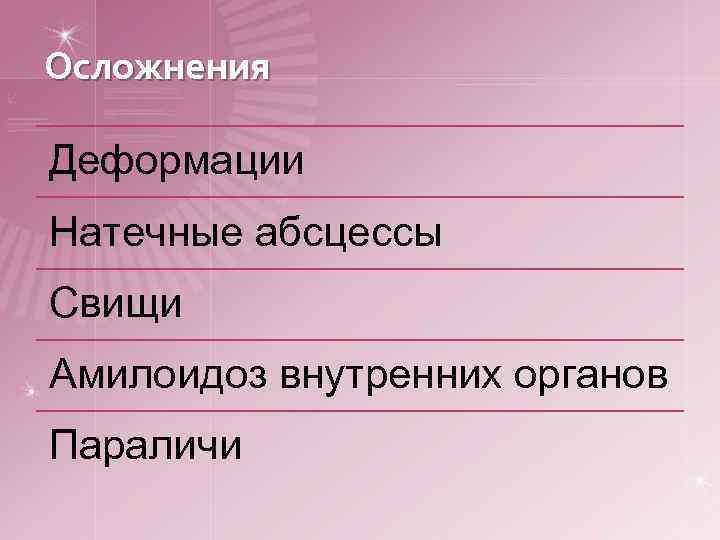 Осложнения Деформации Натечные абсцессы Свищи Амилоидоз внутренних органов Параличи 
