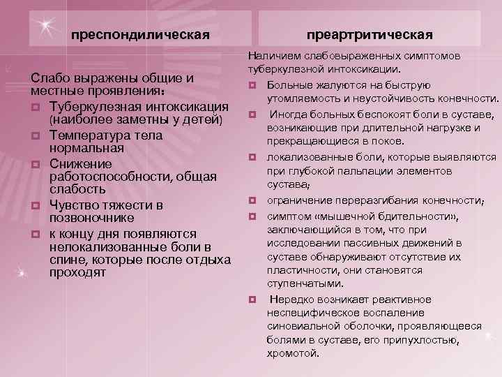 преспондилическая Слабо выражены общие и местные проявления: ¤ Туберкулезная интоксикация (наиболее заметны у детей)