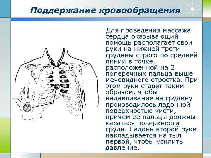 Поддержание кровообращения Для проведения массажа сердца оказывающий помощь располагает свои руки на нижней трети