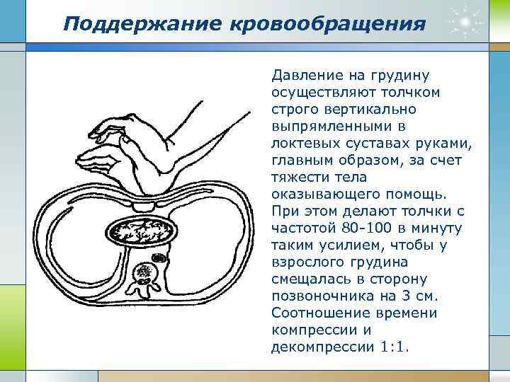 Поддержание кровообращения Давление на грудину осуществляют толчком строго вертикально выпрямленными в локтевых суставах руками,
