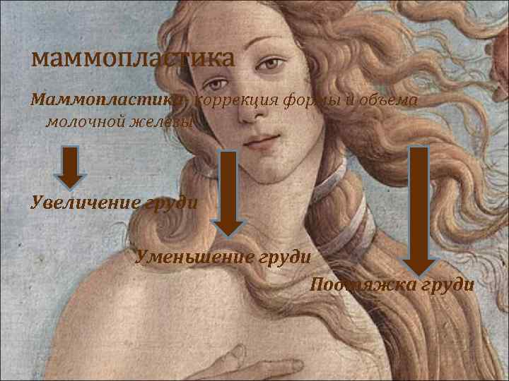 маммопластика Маммопластика- коррекция формы и объема молочной железы Увеличение груди Уменьшение груди Подтяжка груди