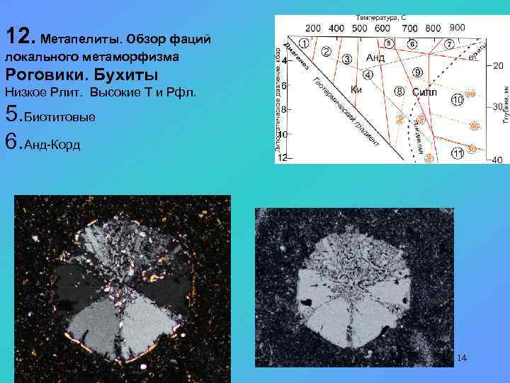 12. Метапелиты. Обзор фаций локального метаморфизма Роговики. Бухиты Низкое Рлит. Высокие Т и Рфл.