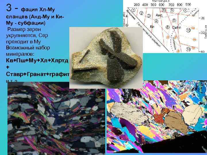 3 - фация Хл-Му сланцев (Анд-Му и Ки. Му - субфации) Размер зерен укрупняется,