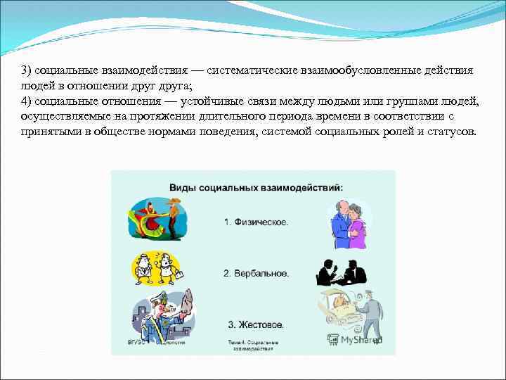 3) социальные взаимодействия — систематические взаимообусловленные действия людей в отношении друга; 4) социальные отношения