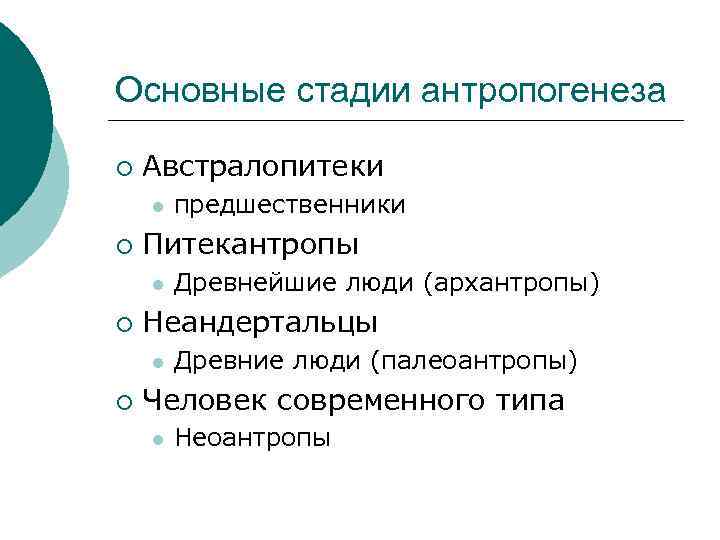 Основные стадии антропогенеза ¡ Австралопитеки l ¡ Питекантропы l ¡ Древнейшие люди (архантропы) Неандертальцы