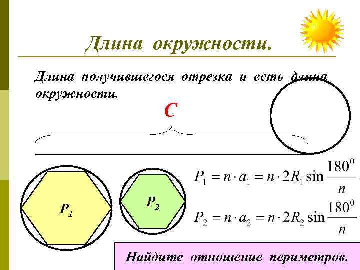Длина окружности. Длина получившегося отрезка и есть длина окружности. С Р 1 Р 2