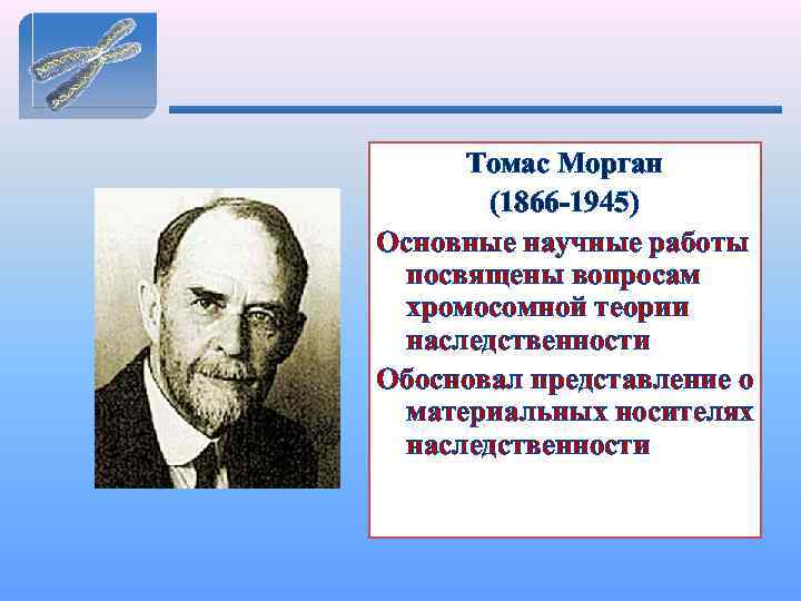 Томас Морган (1866 -1945) Основные научные работы посвящены вопросам хромосомной теории наследственности Обосновал представление