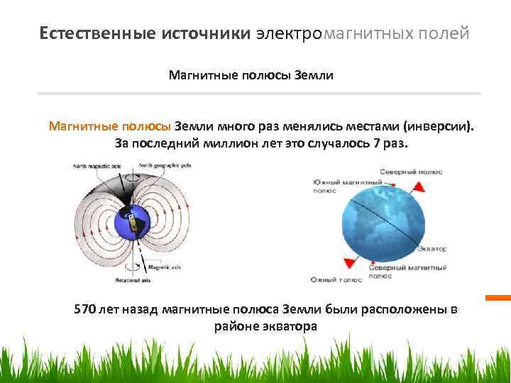 Естественные источники электромагнитных полей Магнитные полюсы Земли много раз менялись местами (инверсии). За последний