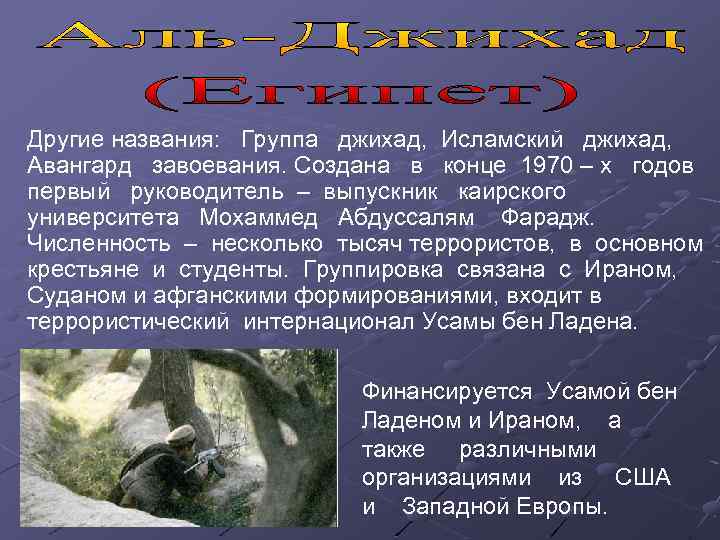 Другие названия: Группа джихад, Исламский джихад, Авангард завоевания. Создана в конце 1970 – х