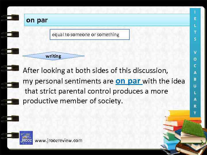 on par equal to someone or something writing After looking at both sides of