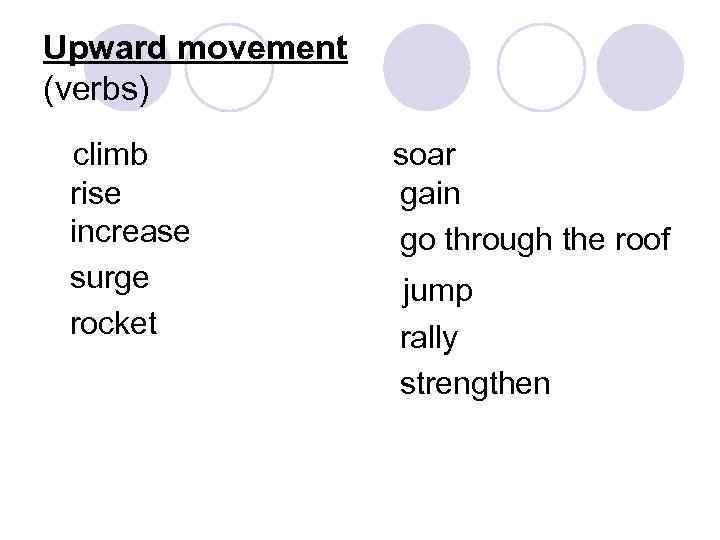 Upward movement (verbs) climb rise increase surge rocket soar gain go through the roof