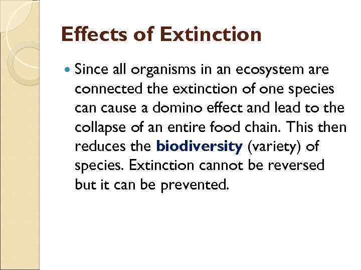 Effects of Extinction Since all organisms in an ecosystem are connected the extinction of