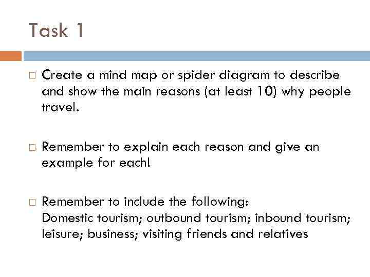 Task 1 Create a mind map or spider diagram to describe and show the