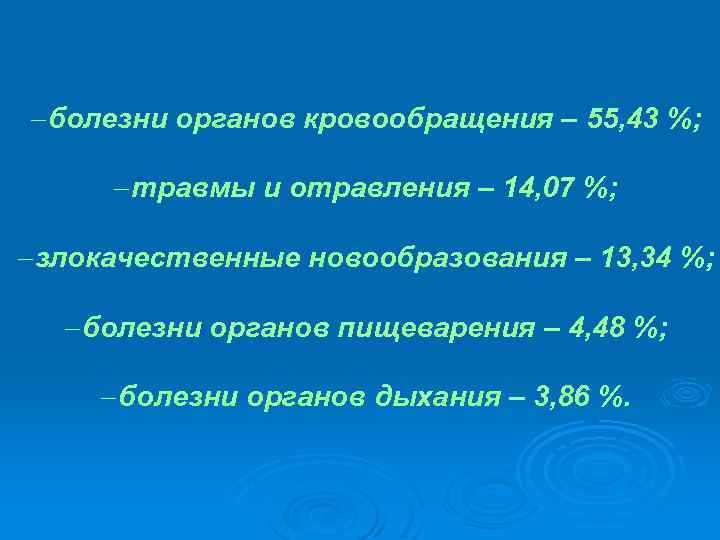 - болезни органов кровообращения – 55, 43 %; - травмы и отравления – 14,