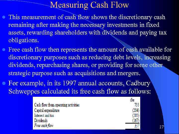Measuring Cash Flow This measurement of cash flow shows the discretionary cash remaining after