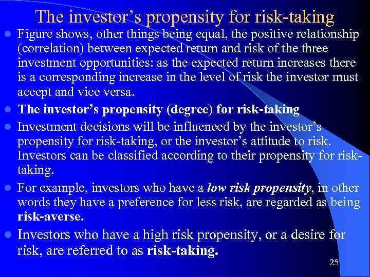 The investor’s propensity for risk-taking Figure shows, other things being equal, the positive relationship