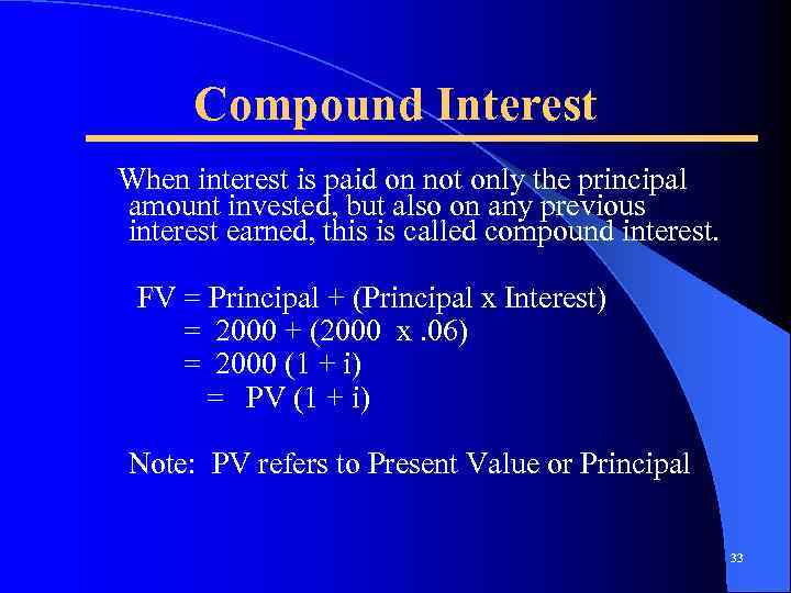 Compound Interest When interest is paid on not only the principal amount invested, but