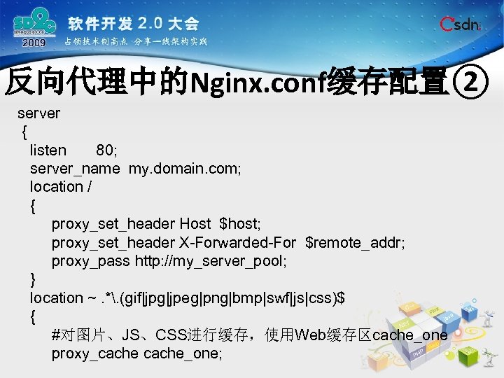 反向代理中的Nginx. conf缓存配置② server { listen 80; server_name my. domain. com; location / { proxy_set_header