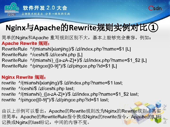 Nginx与Apache的Rewrite规则实例对比① 简单的Nginx和Apache 重写规则区别不大，基本上能够完全兼容。例如： Apache Rewrite 规则： Rewrite. Rule ^/(mianshi|xianjing)/$ /zl/index. php? name=$1 [L] Rewrite.