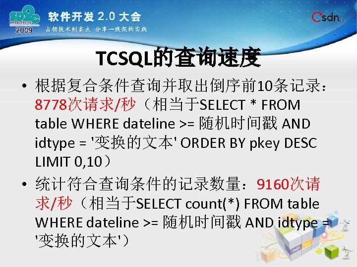 TCSQL的查询速度 • 根据复合条件查询并取出倒序前10条记录： 8778次请求/秒（相当于SELECT * FROM table WHERE dateline >= 随机时间戳 AND idtype =