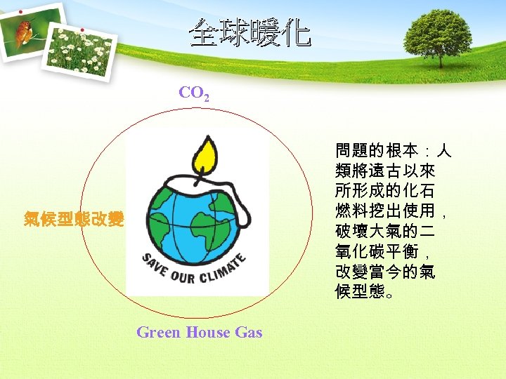 全球暖化 CO 2 問題的根本：人 類將遠古以來 所形成的化石 燃料挖出使用， 破壞大氣的二 氧化碳平衡， 改變當今的氣 候型態。 氣候型態改變 Green House