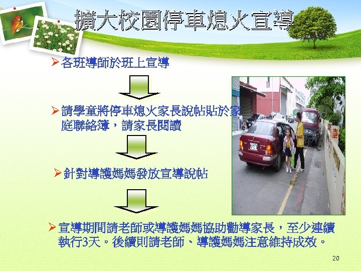 擴大校園停車熄火宣導 Ø 各班導師於班上宣導 Ø 請學童將停車熄火家長說帖貼於家 庭聯絡簿，請家長閱讀 Ø 針對導護媽媽發放宣導說帖 Ø 宣導期間請老師或導護媽媽協助勸導家長，至少連續 執行3天。後續則請老師、導護媽媽注意維持成效。 20 
