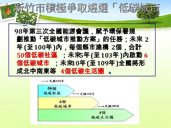 新竹市積極爭取遴選「低碳城市 」 98年第三次全國能源會議，賦予環保署規 劃推動「低碳城市推動方案」的任務；未來 2 年 (至 100年 )內，每個縣市建構 2個，合計 50個低碳社區 ；未來 (至 103年